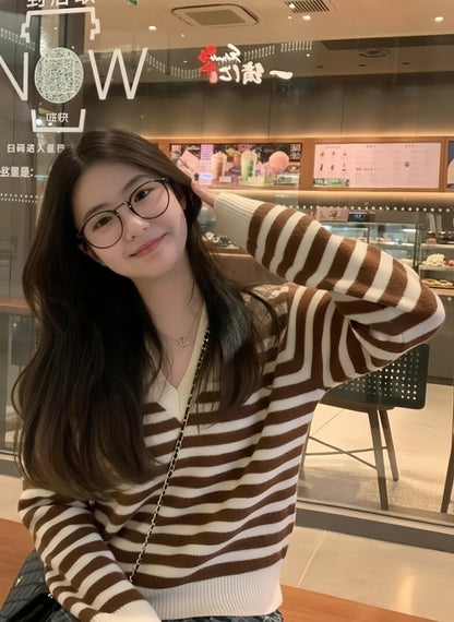 Brown & White Fuzzy Striped Winter Sweater | Korean Style Pullover for Women