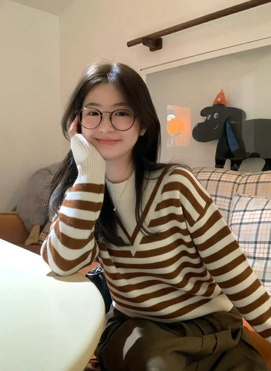 Brown & White Fuzzy Striped Winter Sweater | Korean Style Pullover for Women