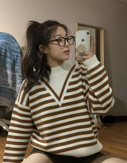 Brown & White Fuzzy Striped Winter Sweater | Korean Style Pullover for Women
