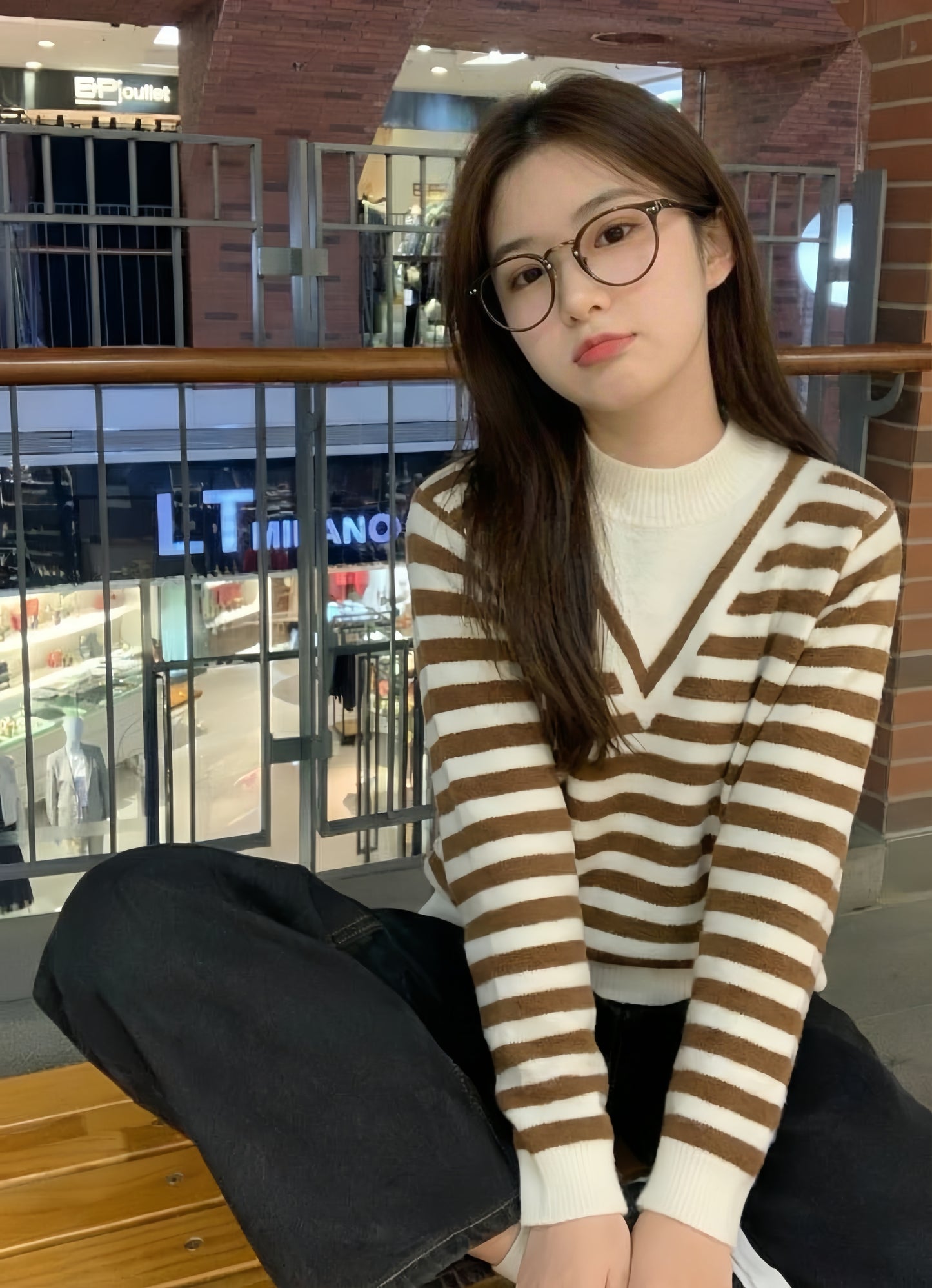 Brown & White Fuzzy Striped Winter Sweater | Korean Style Pullover for Women