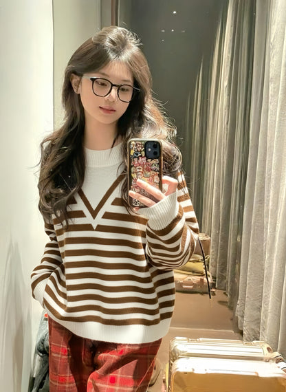 Brown & White Fuzzy Striped Winter Sweater | Korean Style Pullover for Women