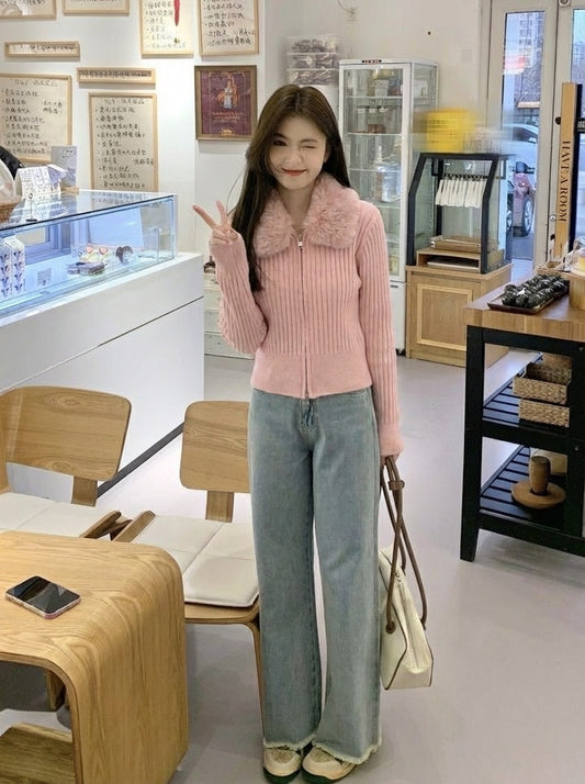 Women Ribbed Winter Jacket with Faux Fur Collar – Soft & Warm Zip-Up